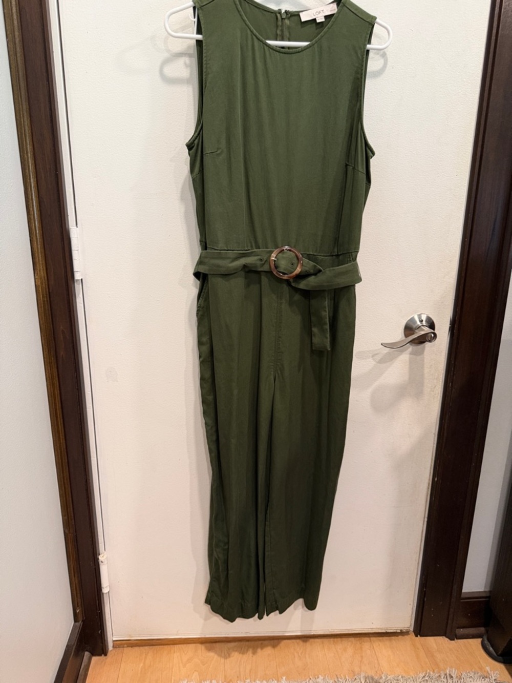 LOFT Olive Green Sleeveless Belted Jumpsuit with Round Buckle